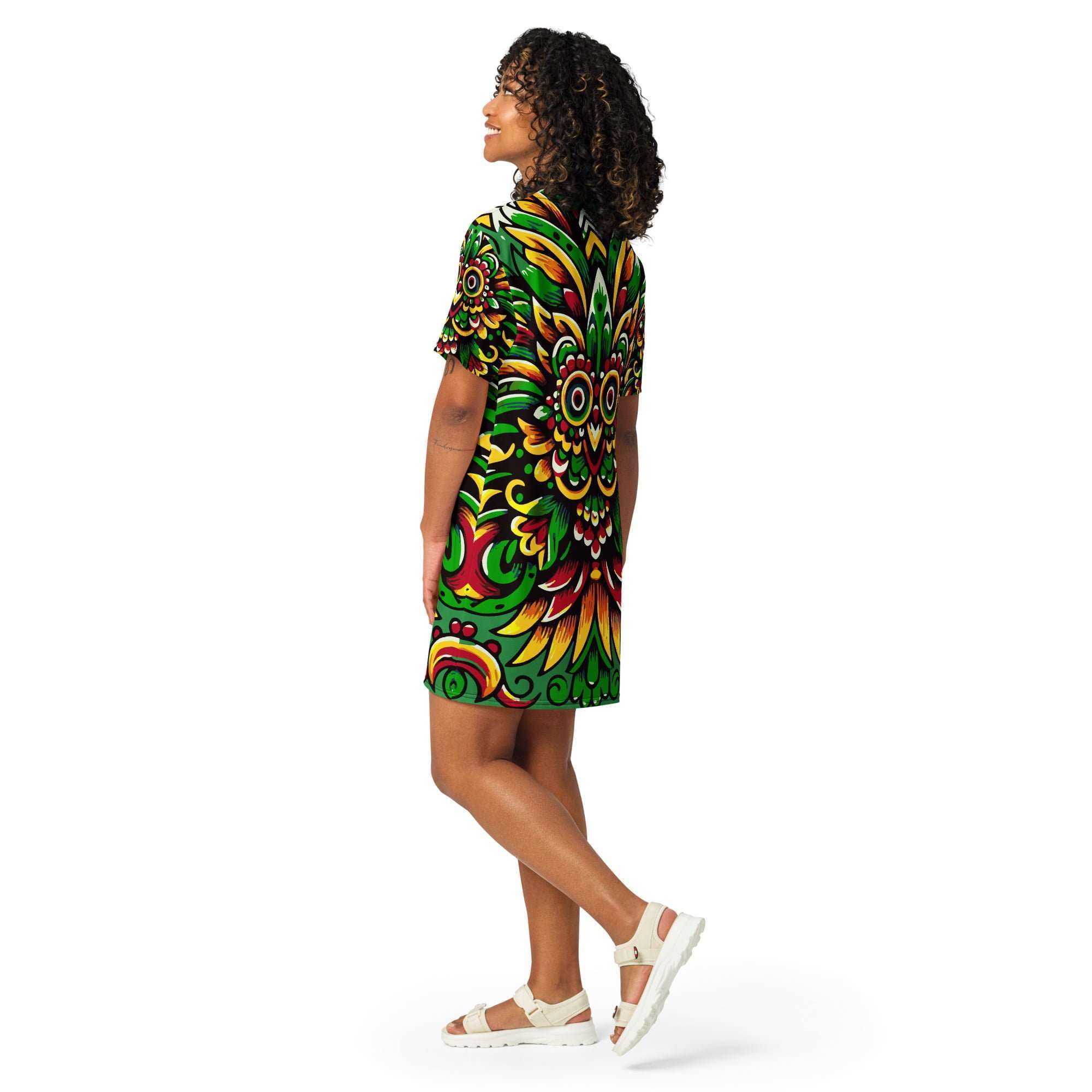 Rasta Mexican T-shirt dress back view in the Reggae colors. All sizes in a comfortable fit. Fun vibrant design makes a great Rasta dress.