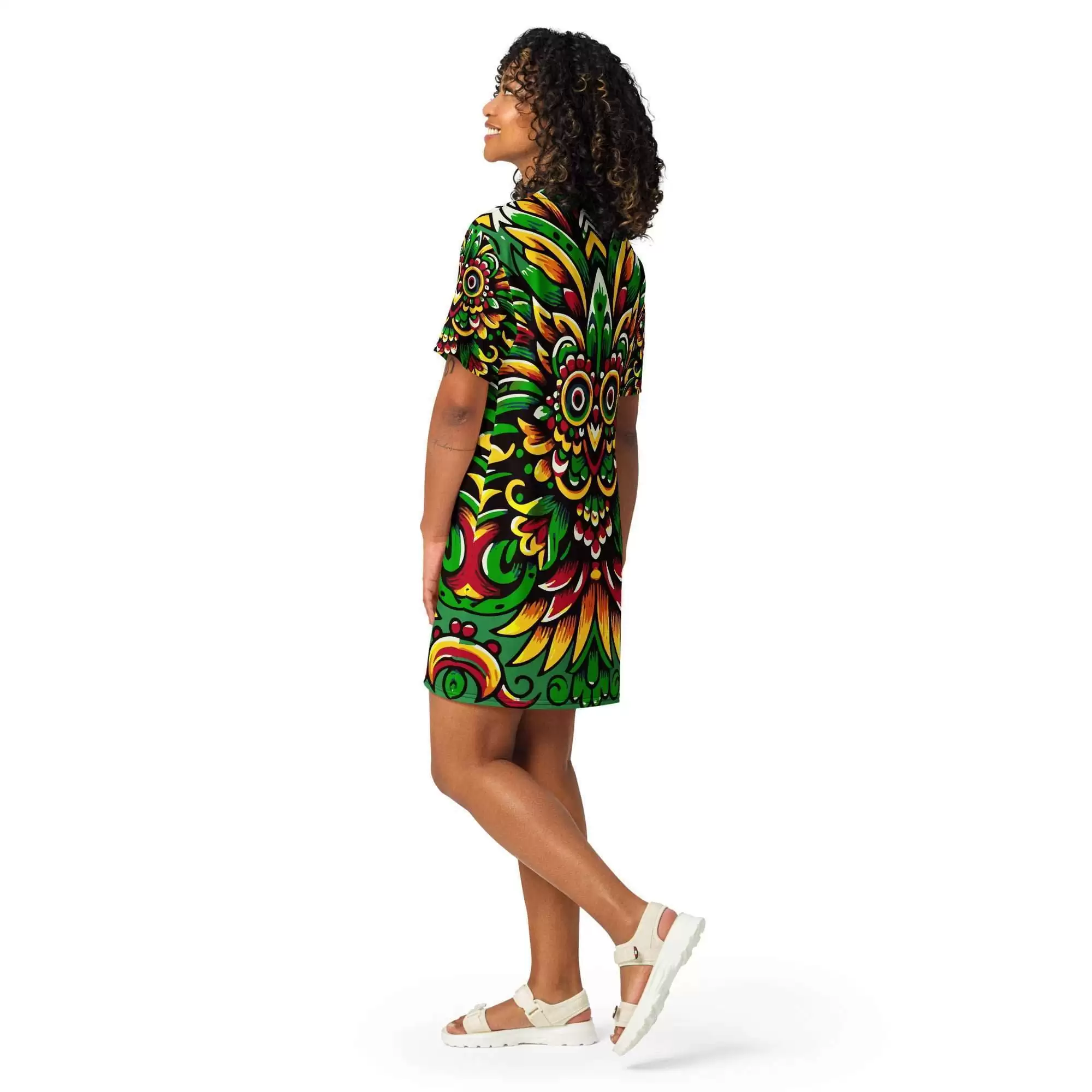 Rasta Mexican T-shirt dress back view in the Reggae colors. All sizes in a comfortable fit. Fun vibrant design makes a great Rasta dress.