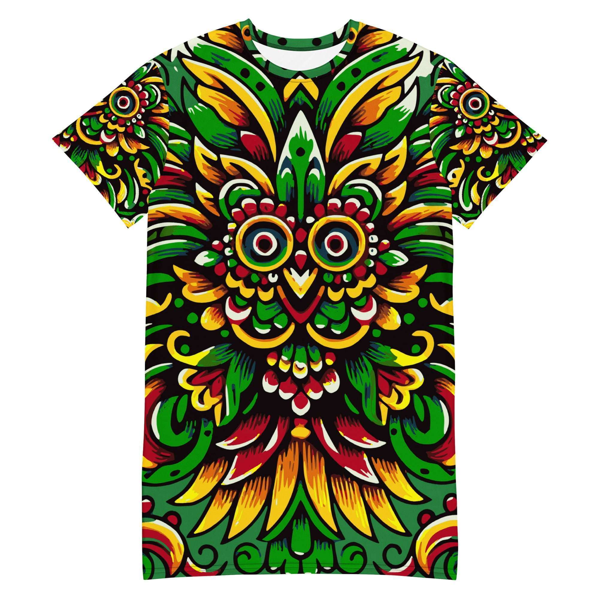 Rasta Mexican T-shirt dress front view in the Reggae colors. All sizes in a comfortable fit. Fun vibrant design makes a great Rasta dress.