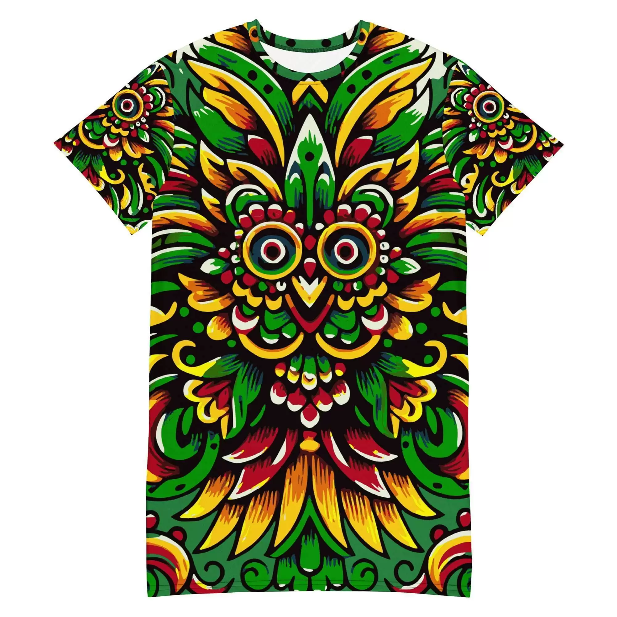 Rasta Mexican T-shirt dress front view in the Reggae colors. All sizes in a comfortable fit. Fun vibrant design makes a great Rasta dress.