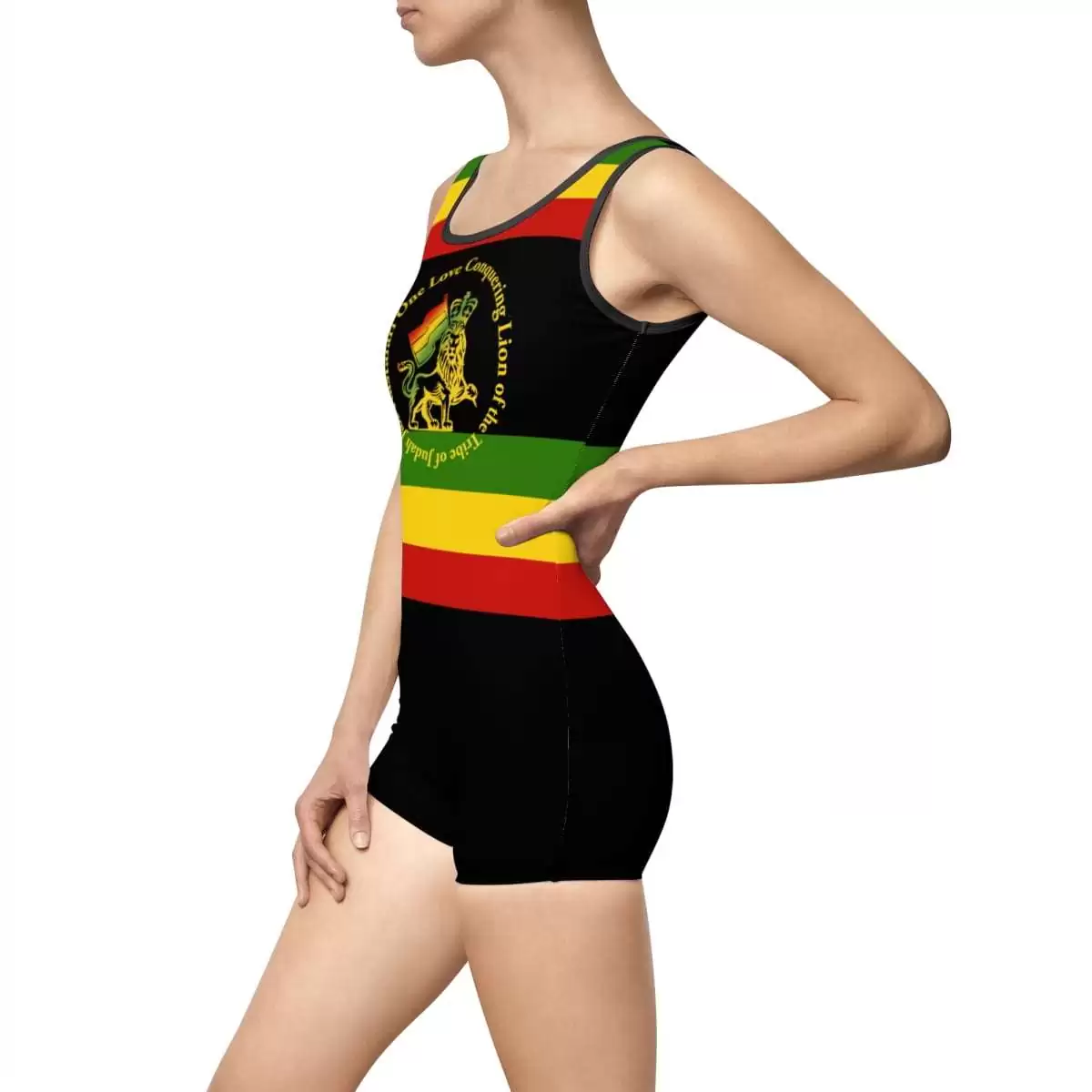 Rasta bathing suit left side view vintage style black with red gold and green stripes and Lion of Judah emblem across the front shorties style.