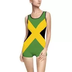Jamaican Bathing Suit vintage style featuring Jamaica flag design and black trim. Great for island vacation or swimming by the pool.