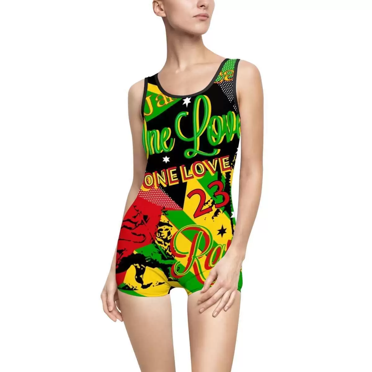 Reggae swimsuit in a vintage style will not fade in the sun. Fun Rasta Reggae party design with black trim with shorty legs.