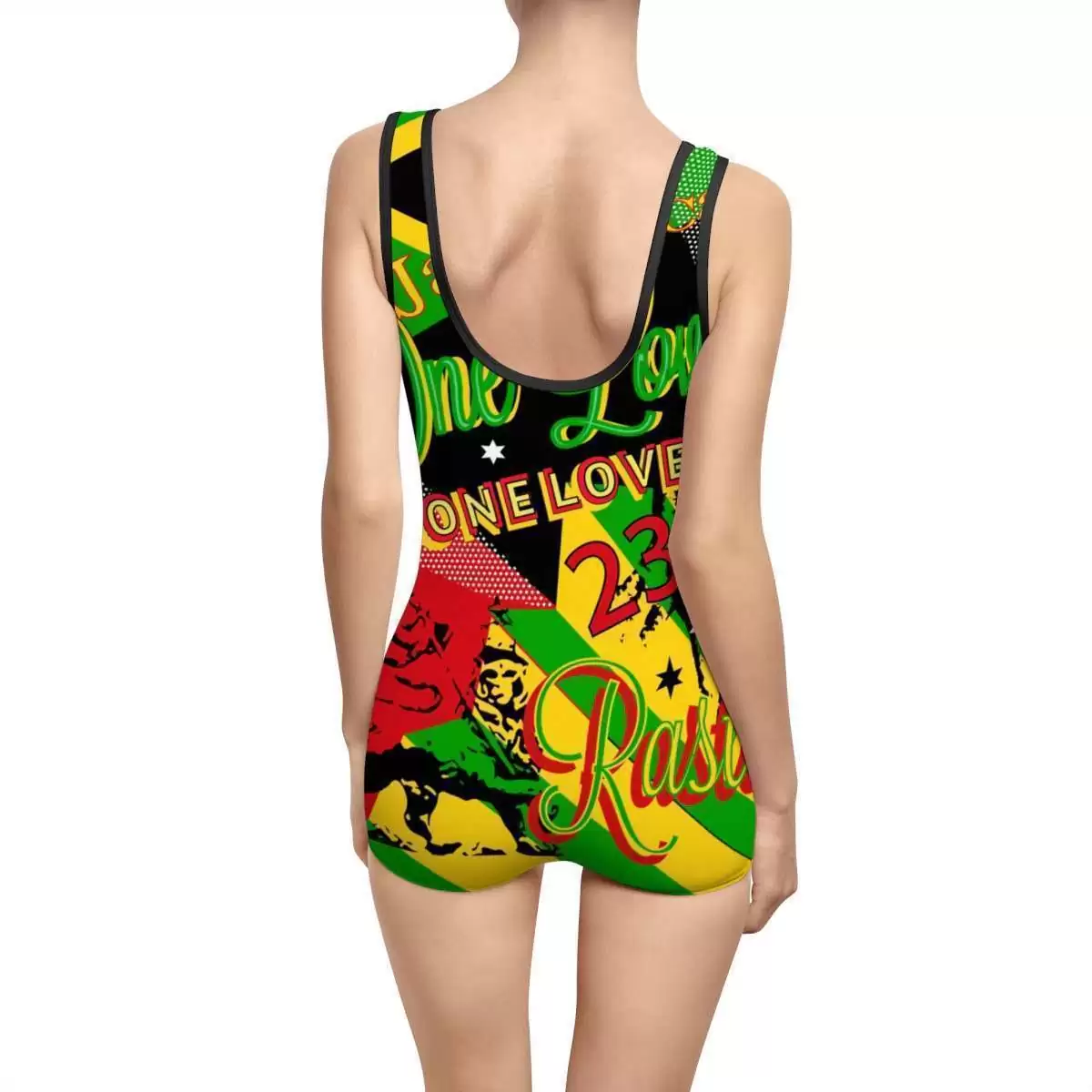 Reggae swimsuit back view in a vintage style will not fade in the sun. Fun Rasta Reggae party design with black trim with shorty legs.