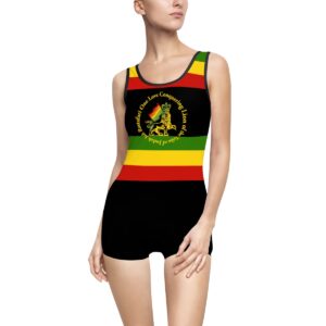 Rasta bathing suit vintage style black with red gold and green stripes and Lion of Judah emblem across the front shorties style.