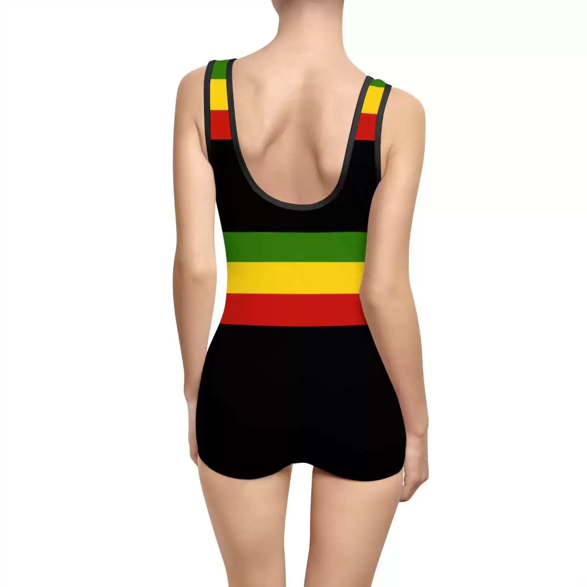 Rasta bathing suit back view vintage style black with red gold and green stripes and Lion of Judah emblem across the front shorties style.