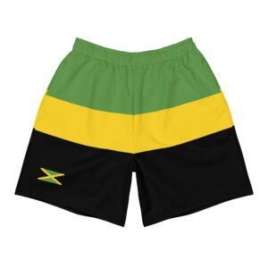 Jamaica swim trunks in the jamaican colors. Great for an island vacation surfing, swimming, running, hiking or walking, Jamaica flag on front leg.