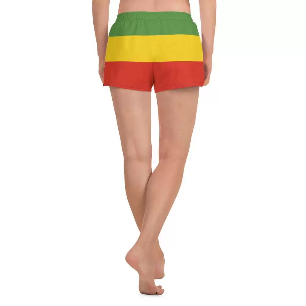 Rasta shor back model view t in red gold and green. Made from recycled polyester with pockets. Great for swimming, running, walking and sports.