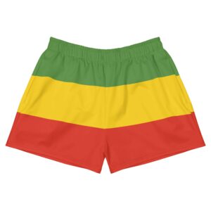 Rasta short in red gold and green. Made from recycled polyester with pockets. Great for swimming, running, walking and sports.