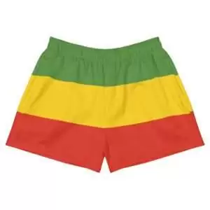 Rasta short in red gold and green. Made from recycled polyester with pockets. Great for swimming, running, walking and sports.
