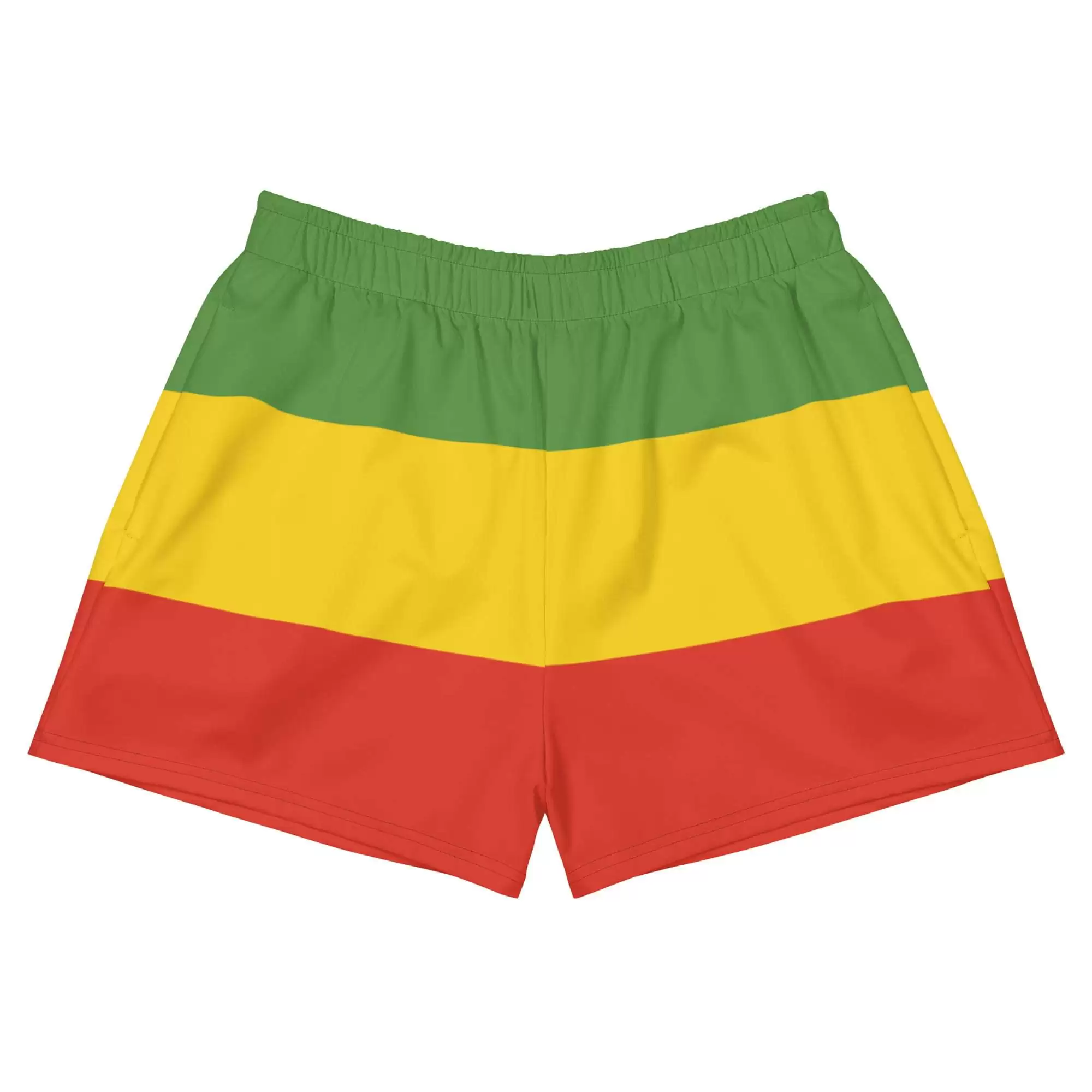 Rasta short in red gold and green. Made from recycled polyester with pockets. Great for swimming, running, walking and sports.