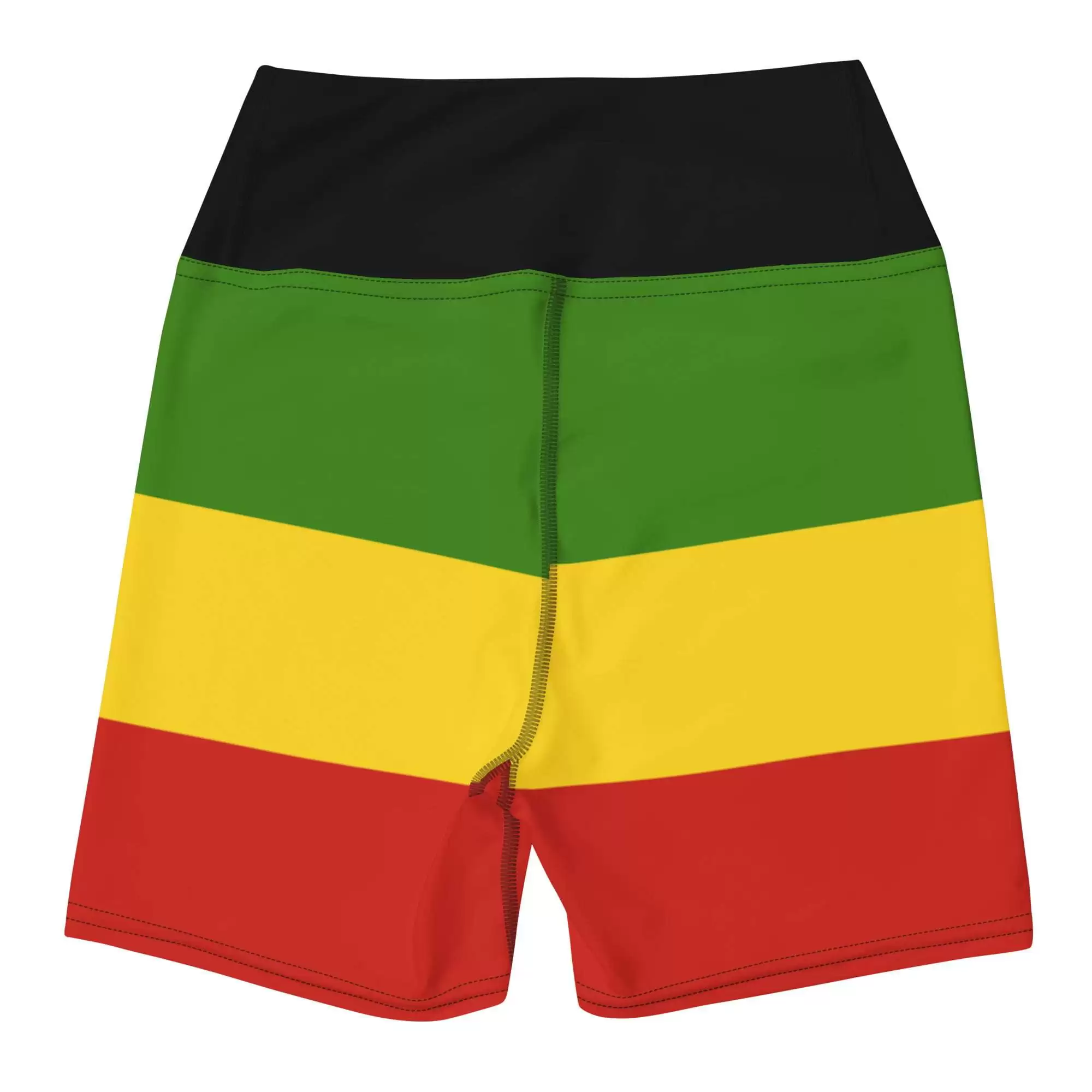 Rasta surf short back view in polyester and spandex. Great for swimming, running, hiking, athletics or surfing. Rastafarian colors red gold green and black.