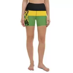 Jamaican shorts for walking, running, swimming, yoga and sport. Jamaican colors, tight fit with Jamaica written down the side.