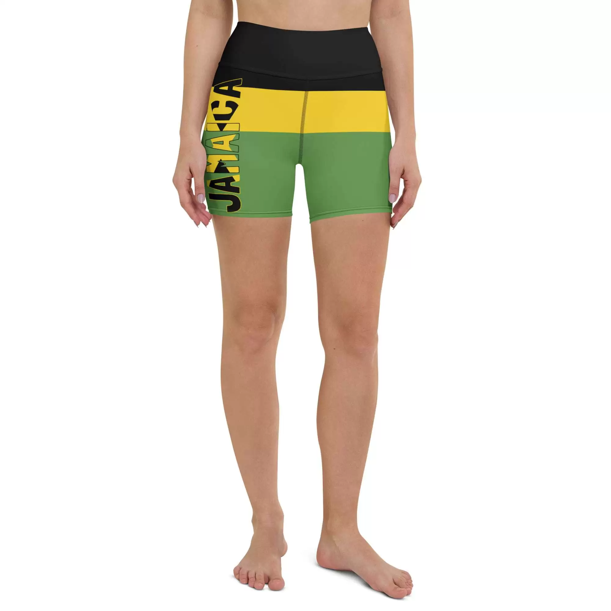 Jamaican shorts for walking, running, swimming, yoga and sport. Jamaican colors, tight fit with Jamaica written down the side.
