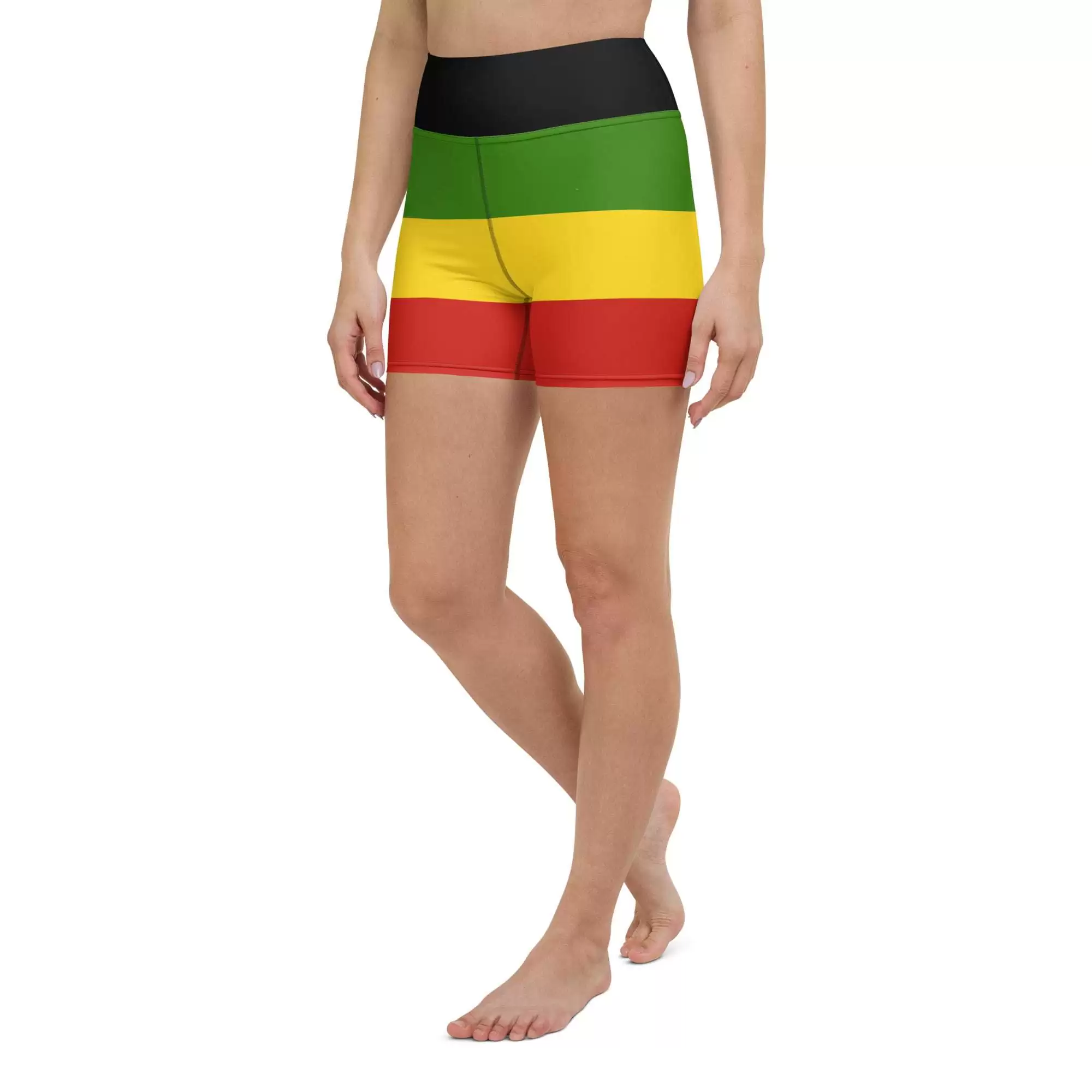 Rasta surf shorts model view in polyester and spandex. Great for swimming, running, hiking, athletics or surfing. Rastafarian colors red gold green and black.