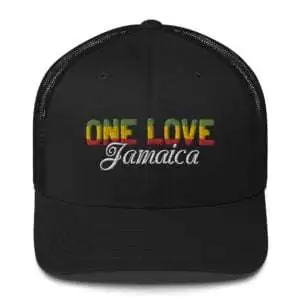 One Love Jamaica Rastafari Cap front view in red gold green and white embroidery. Send a message of Unity to your Reggae Jamaican community.
