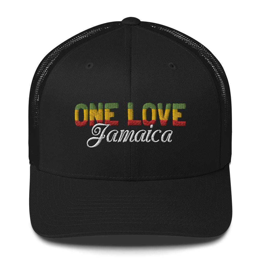 One Love Jamaica Rastafari Cap front view in red gold green and white embroidery. Send a message of Unity to your Reggae Jamaican community.