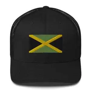 Jamaican cap front view with the Jamaica flag embroidered across the front. Great for a island vacation lying back on the beach and souvenir.