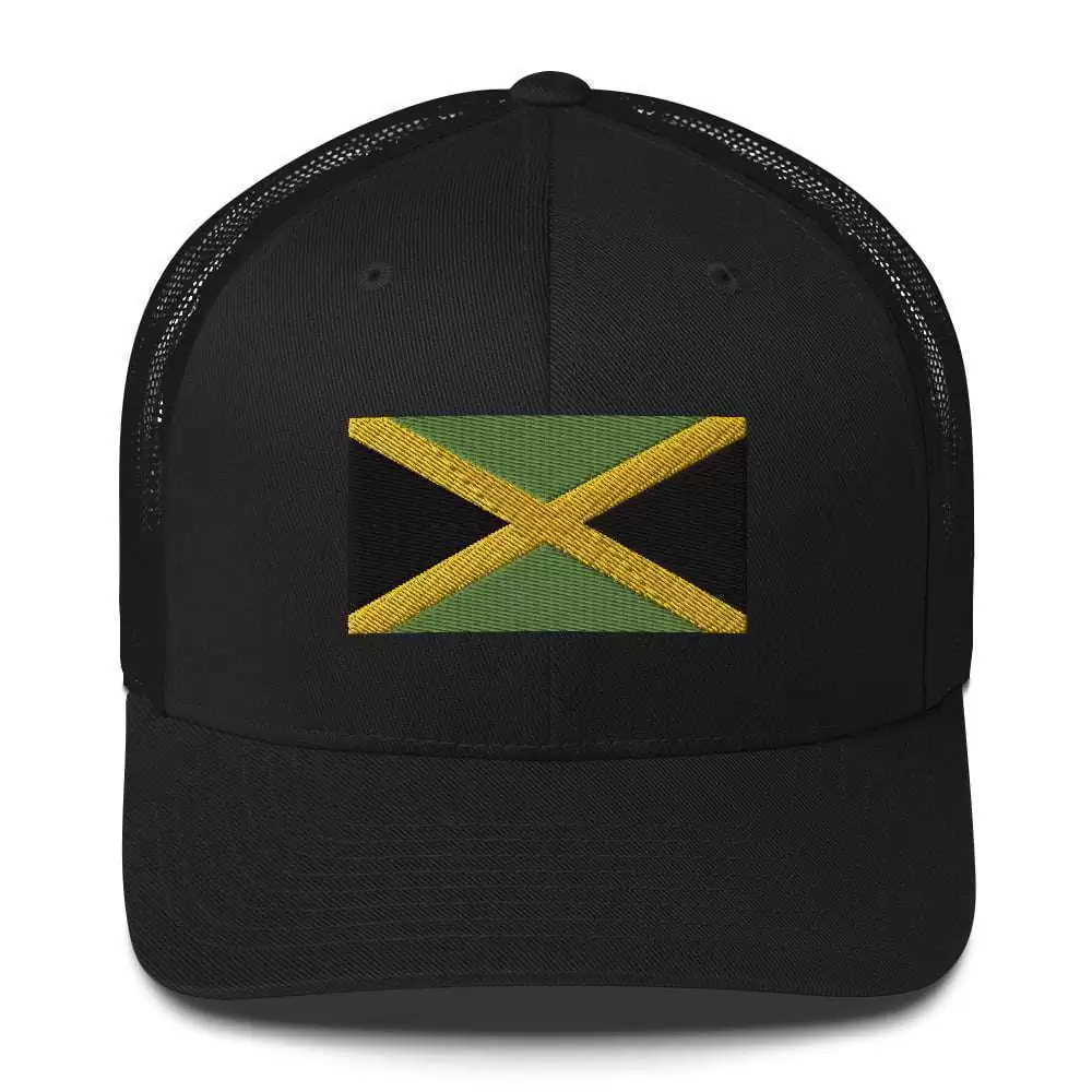Jamaican cap front view with the Jamaica flag embroidered across the front. Great for a island vacation lying back on the beach and souvenir.