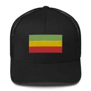 Rastafari cap front view with embroidered Rasta flag across the front. Red gold and green. Black cap great for island vacation or Reggae Festival.