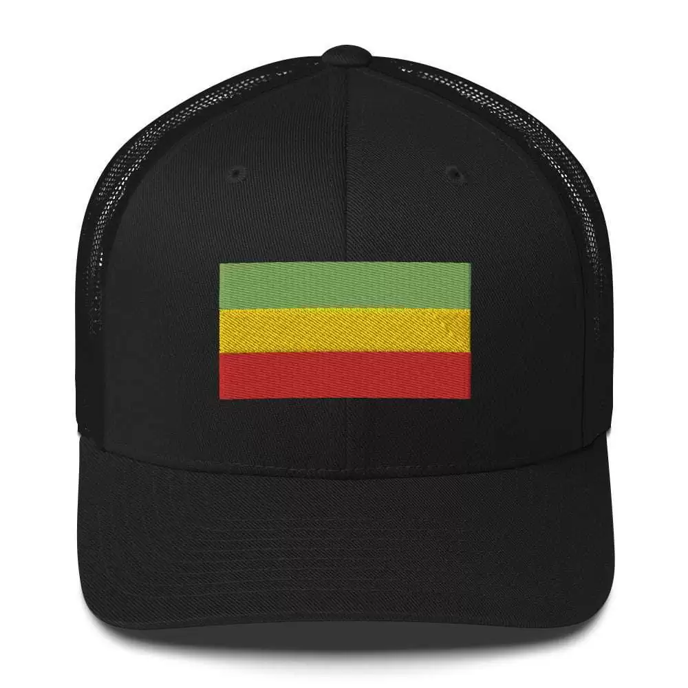 Rastafari cap front view with embroidered Rasta flag across the front. Red gold and green. Black cap great for island vacation or Reggae Festival.