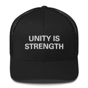 Rastafarian Caps with Unity is Strength embroidered across the front. Black cap in the trucker style. Great for island vacation or Reggae Festival.
