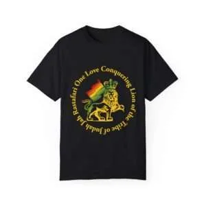 Lion of Judah t shirt in Rastafarian colors with circle of text. Quality shirt made from ethical practices in the United States.