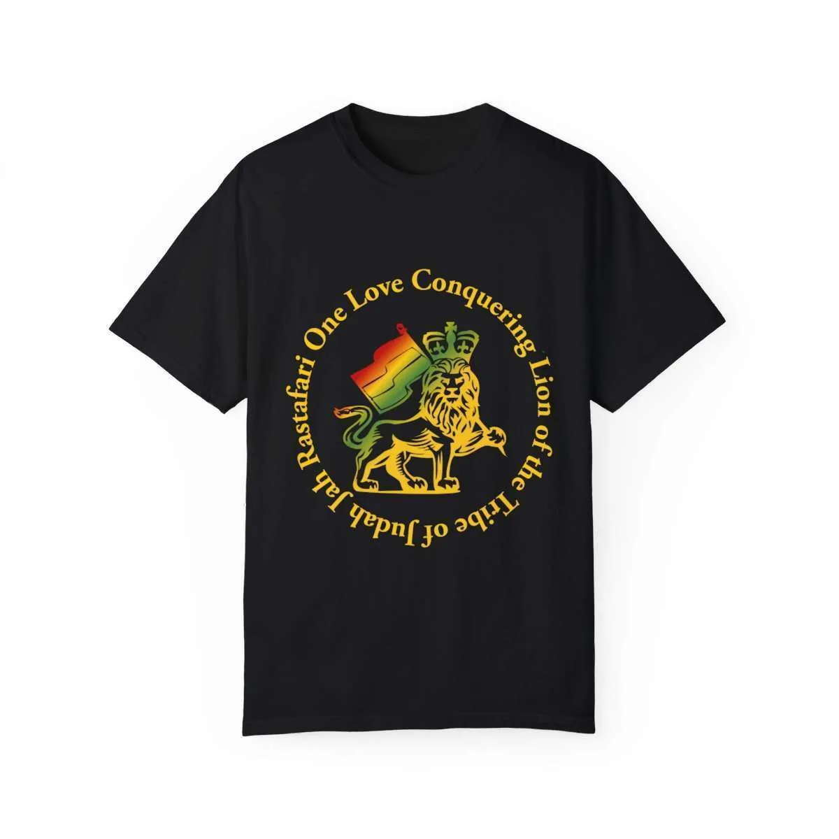 Lion of Judah t shirt in Rastafarian colors with circle of text. Quality shirt made from ethical practices in the United States.
