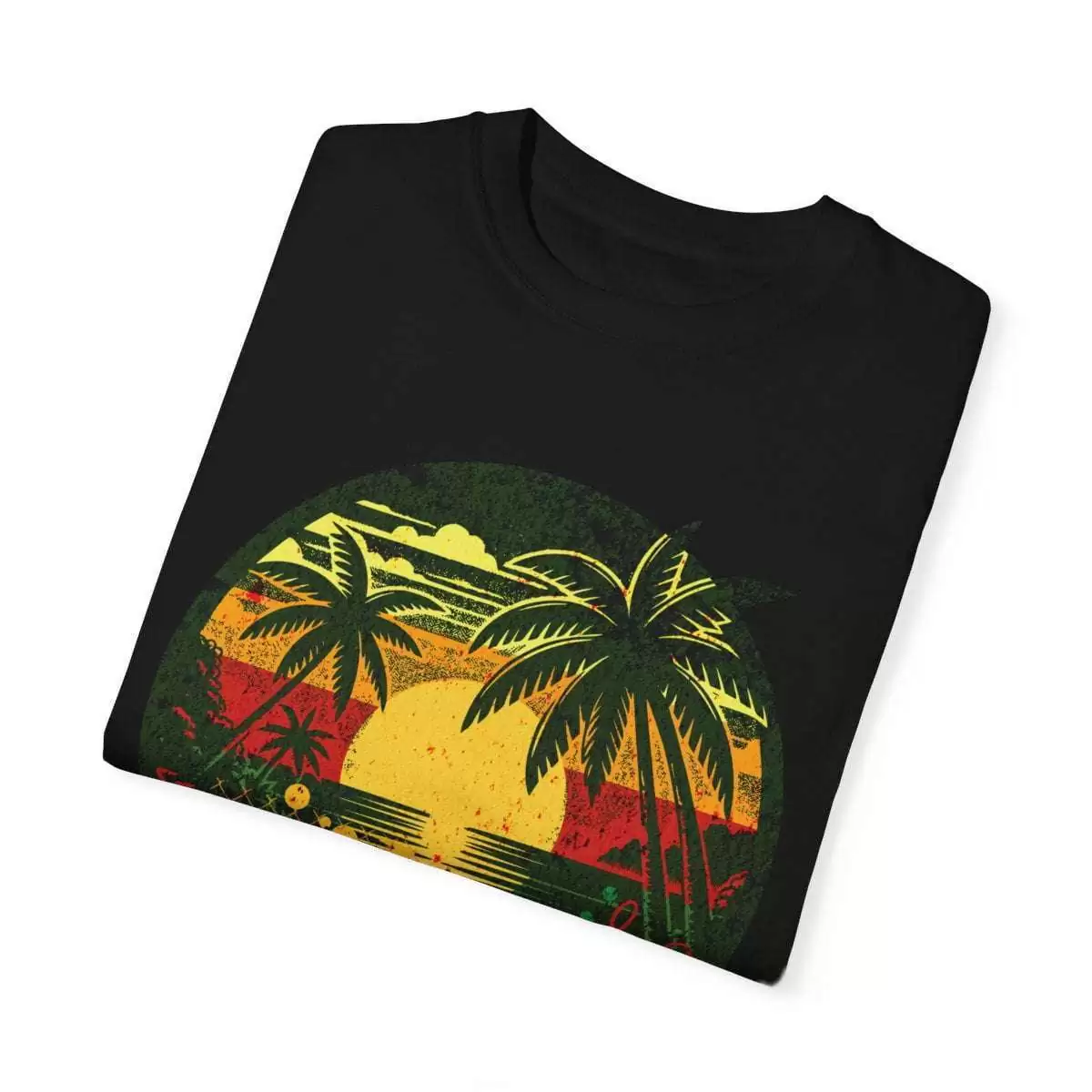 One Love T shirt folded view in Graffiti style design with Jamaican Sunset and Rastafarian colors. Great for Summer vacation or Reggae Party.