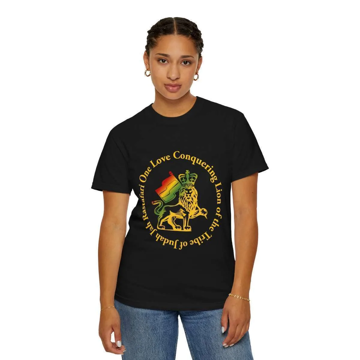 Lion of Judah t shirt female front view in Rastafarian colors with circle of text. Quality shirt made from ethical practices in the United States.