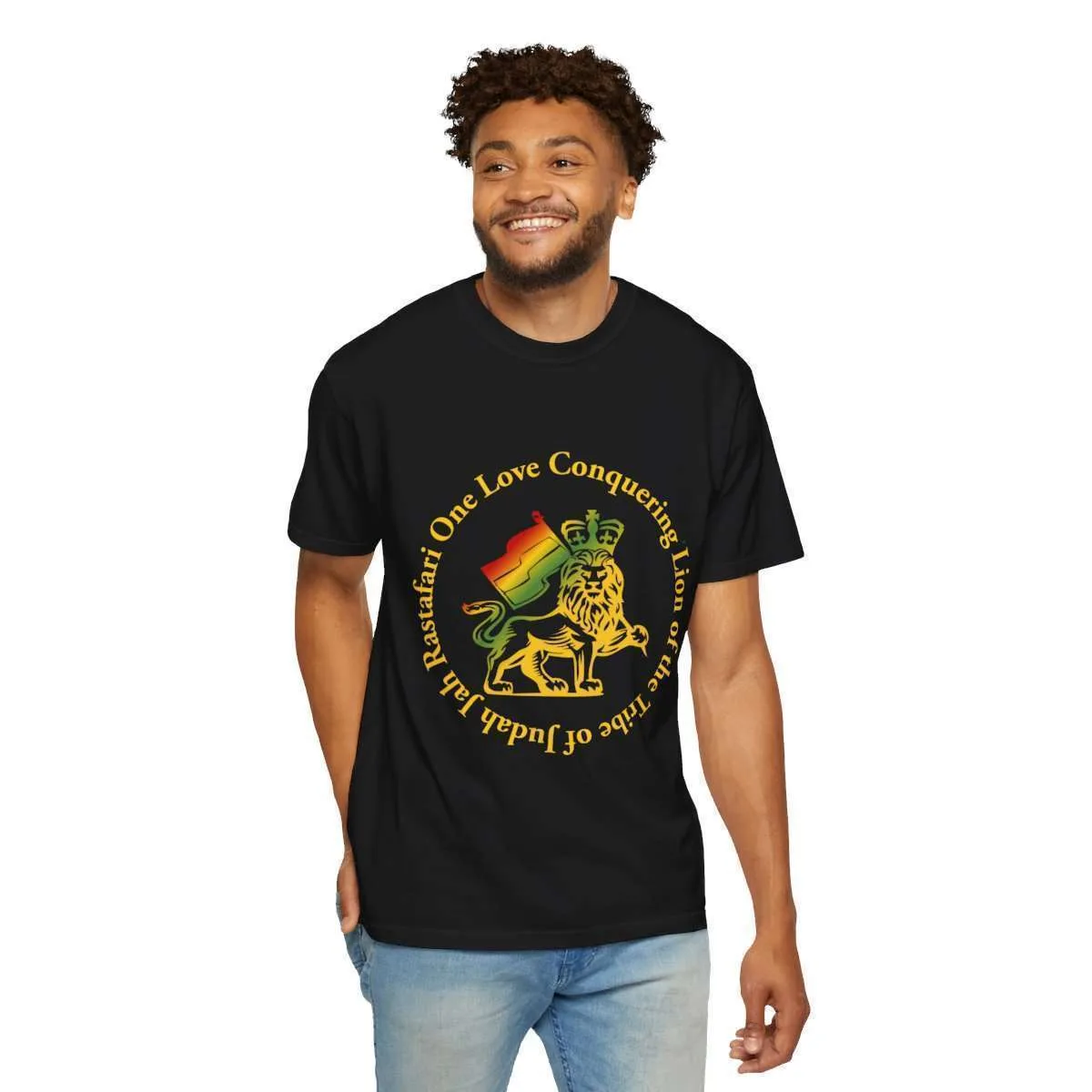 Lion of Judah t shirt male front view in Rastafarian colors with circle of text. Quality shirt made from ethical practices in the United States.