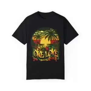 One Love T shirt front view in Graffiti style design with Jamaican Sunset and Rastafarian colors. Great for Summer vacation or Reggae Party.