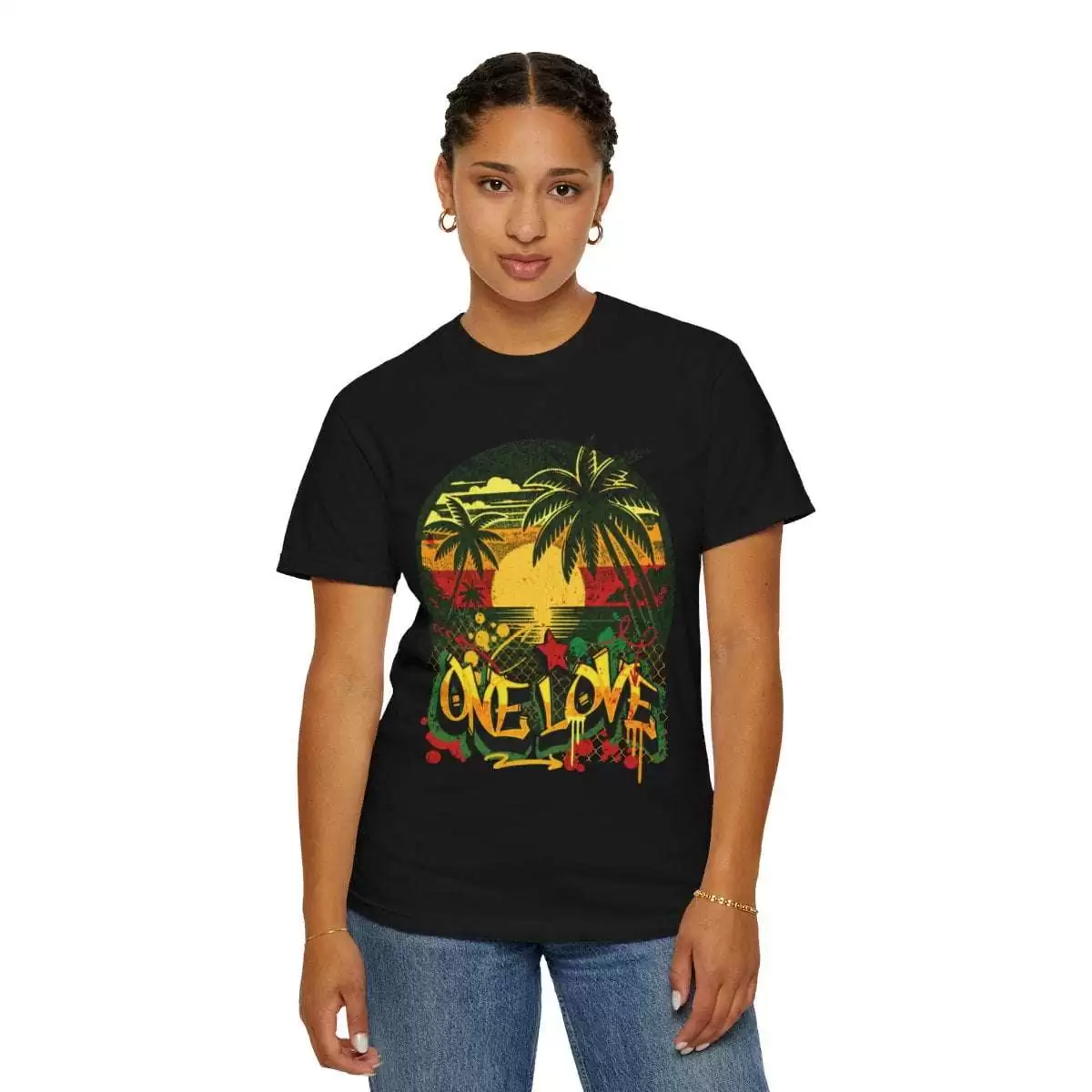 One Love T shirt front woman model view in Graffiti style design with Jamaican Sunset and Rastafarian colors. Great for Summer vacation or Reggae Party.