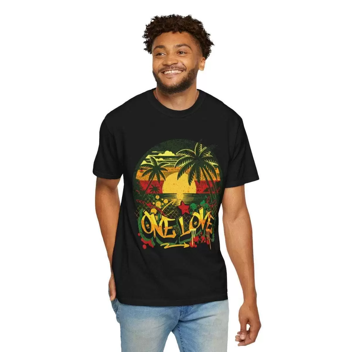 One Love T shirt front male model view in Graffiti style design with Jamaican Sunset and Rastafarian colors. Great for Summer vacation or Reggae Party.