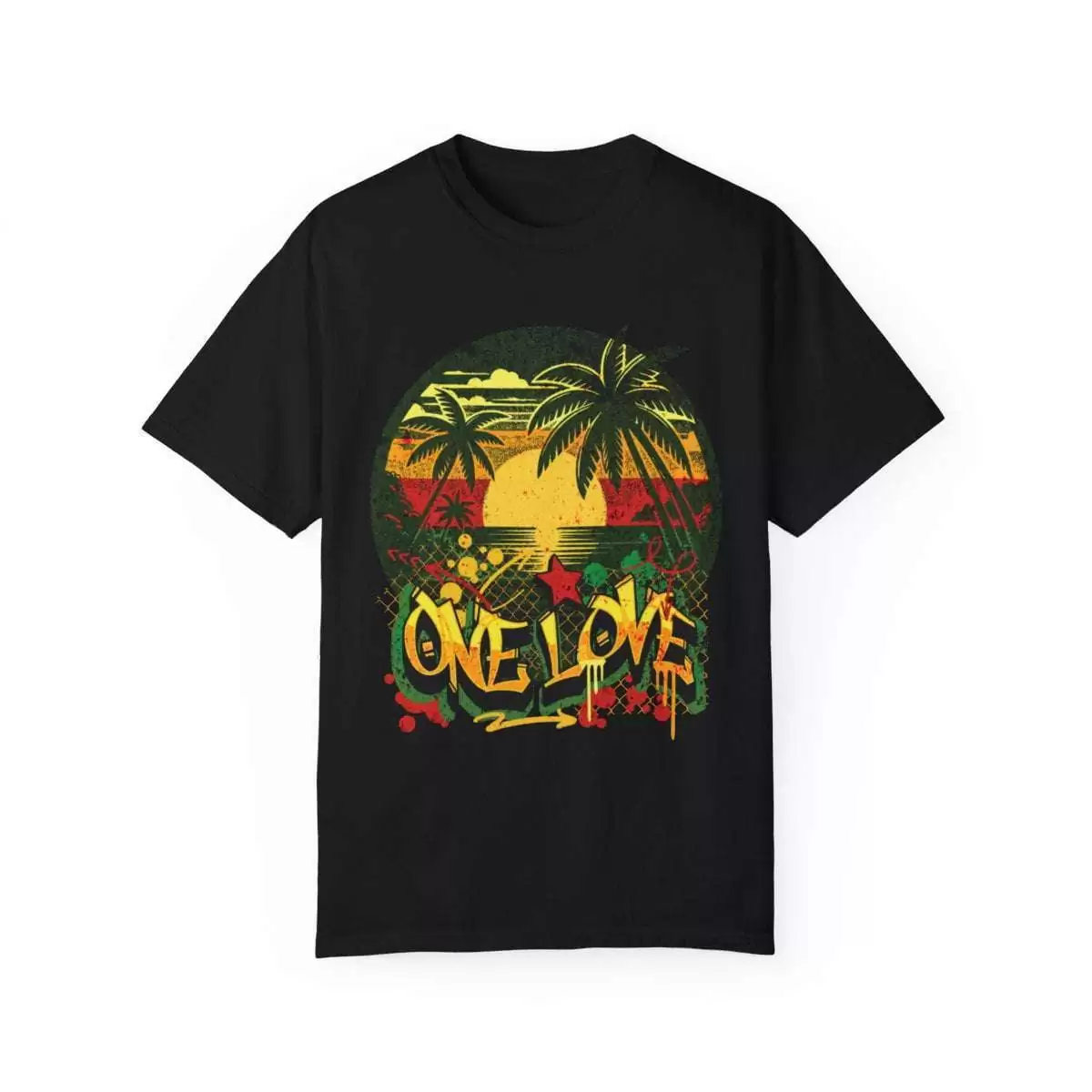 One Love T shirt front view in Graffiti style design with Jamaican Sunset and Rastafarian colors. Great for Summer vacation or Reggae Party.