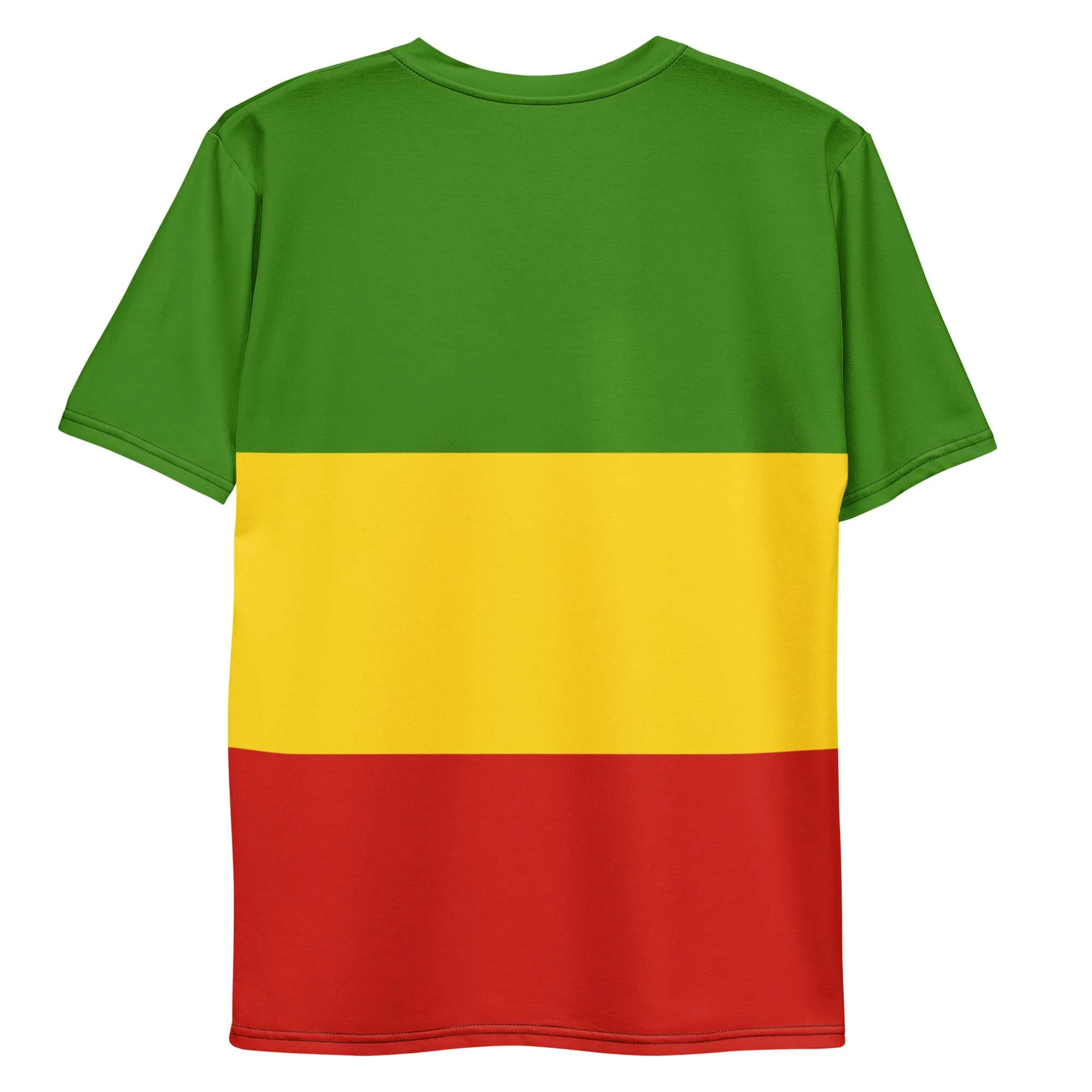 Rastafarian T Shirt back view in Red Gold and green. All over print at Rastaseed. Jamaican, Reggae and Rastafarian gear and merchandise.