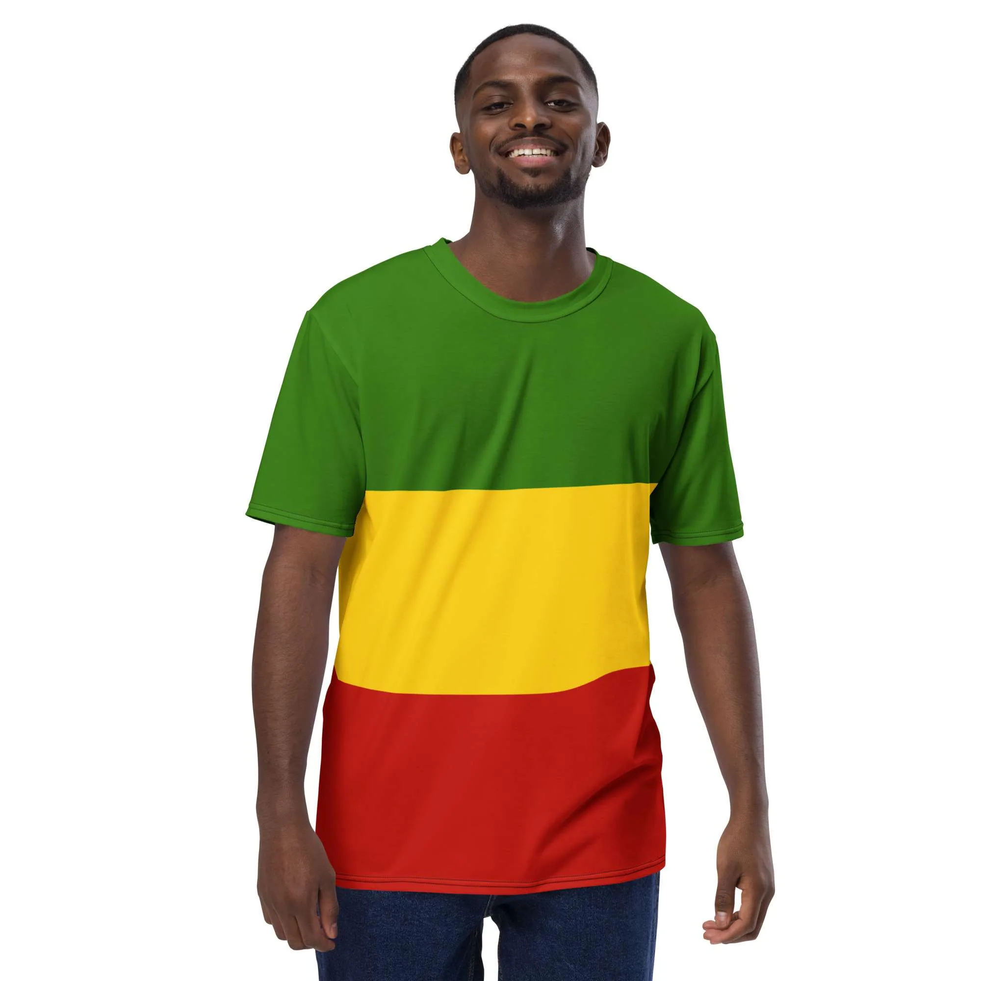 Rastafarian T Shirt front model view in Red Gold and green. All over print at Rastaseed. Jamaican, Reggae and Rastafarian gear and merchandise.