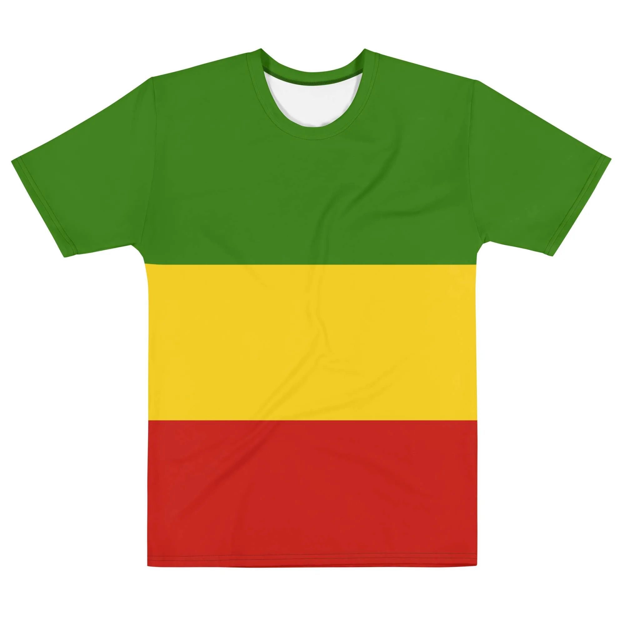Rastafarian T Shirt front view in Red Gold and green. All over print at Rastaseed. Jamaican, Reggae and Rastafarian gear and merchandise.