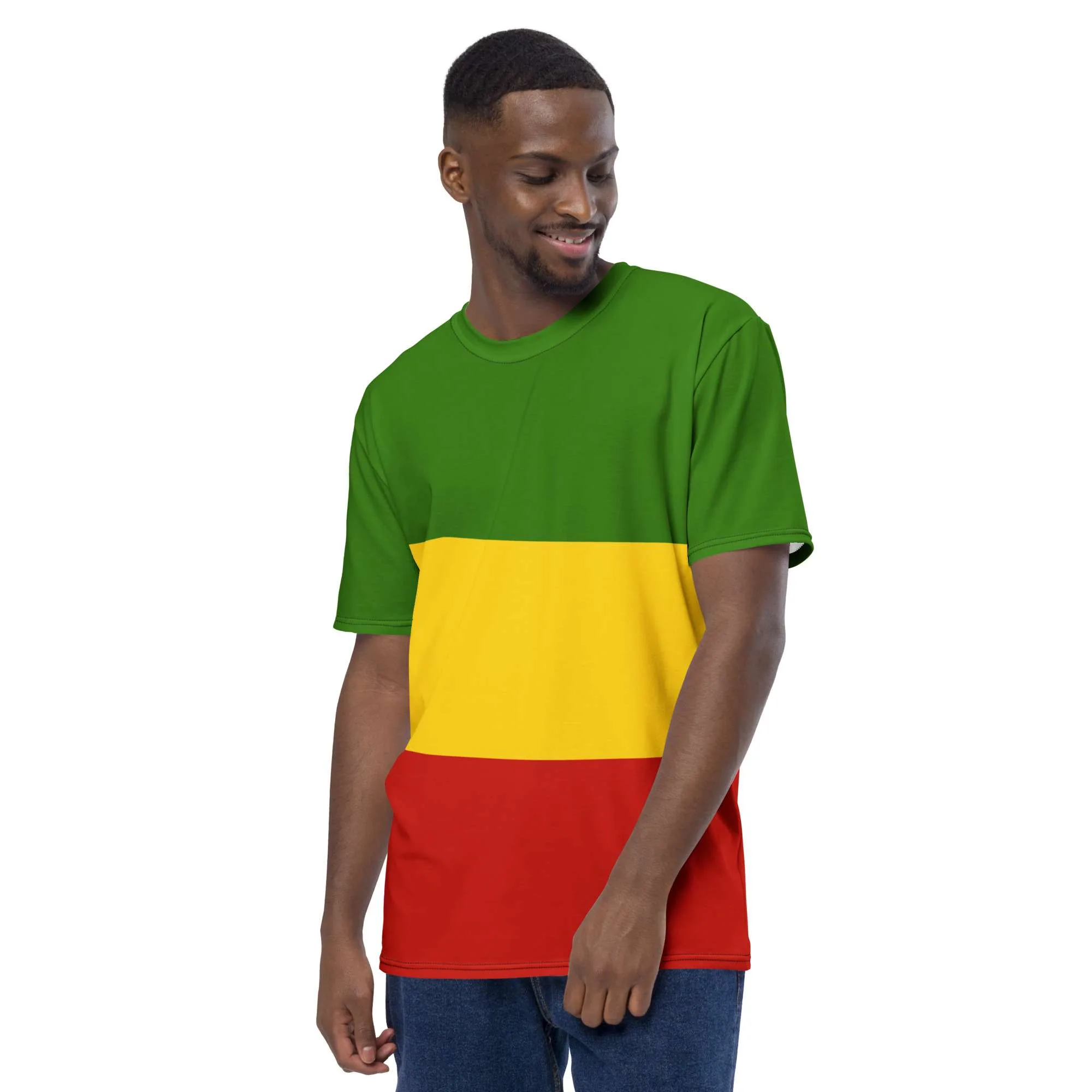 Rastafarian T Shirt side view in Red Gold and green. All over print at Rastaseed. Jamaican, Reggae and Rastafarian gear and merchandise.