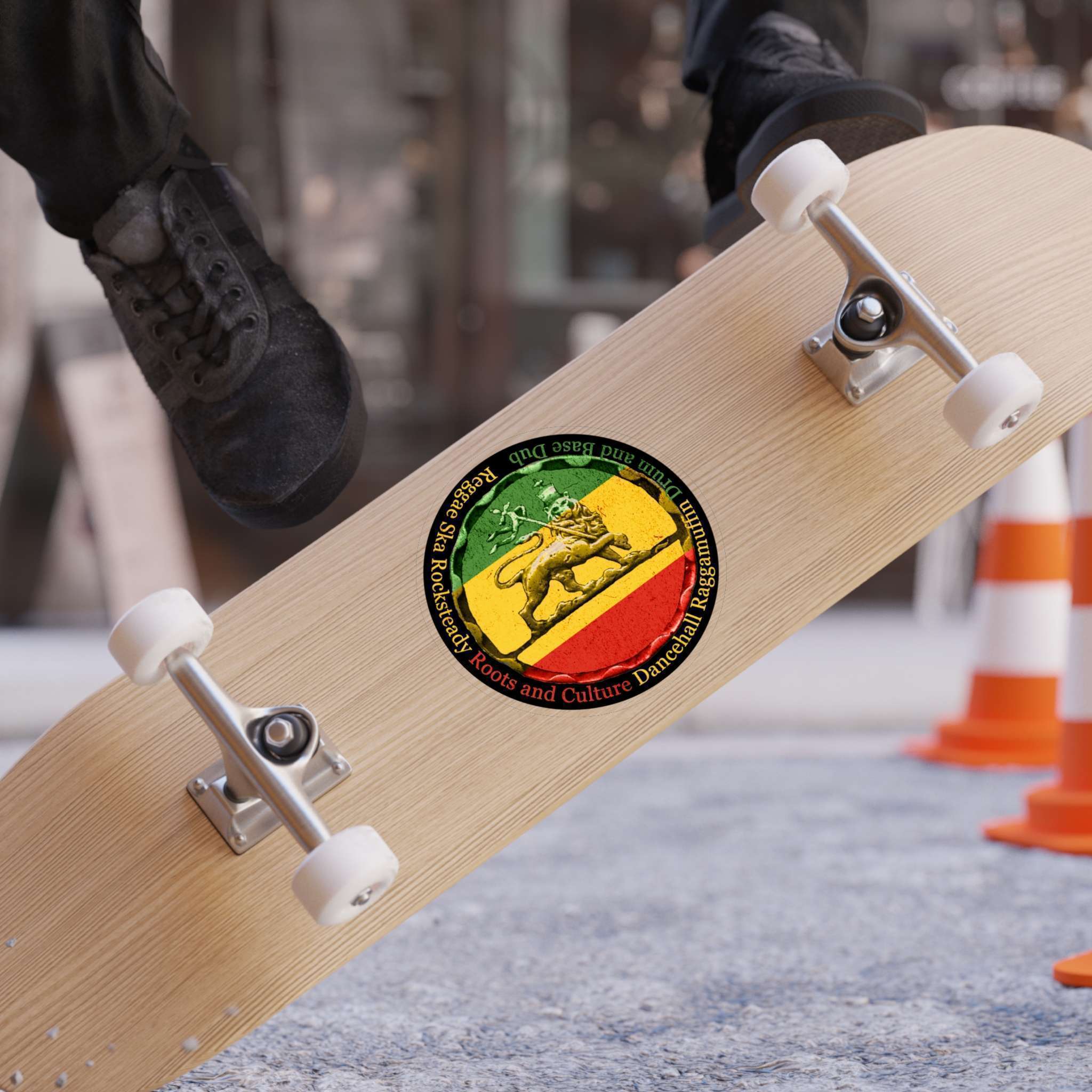 Reggae sticker Rasta colors, Lion of Judah and Reggae music genres 6in x 6in skateboard. Durable outdoor sticker for inside or outside. Great car sticker.