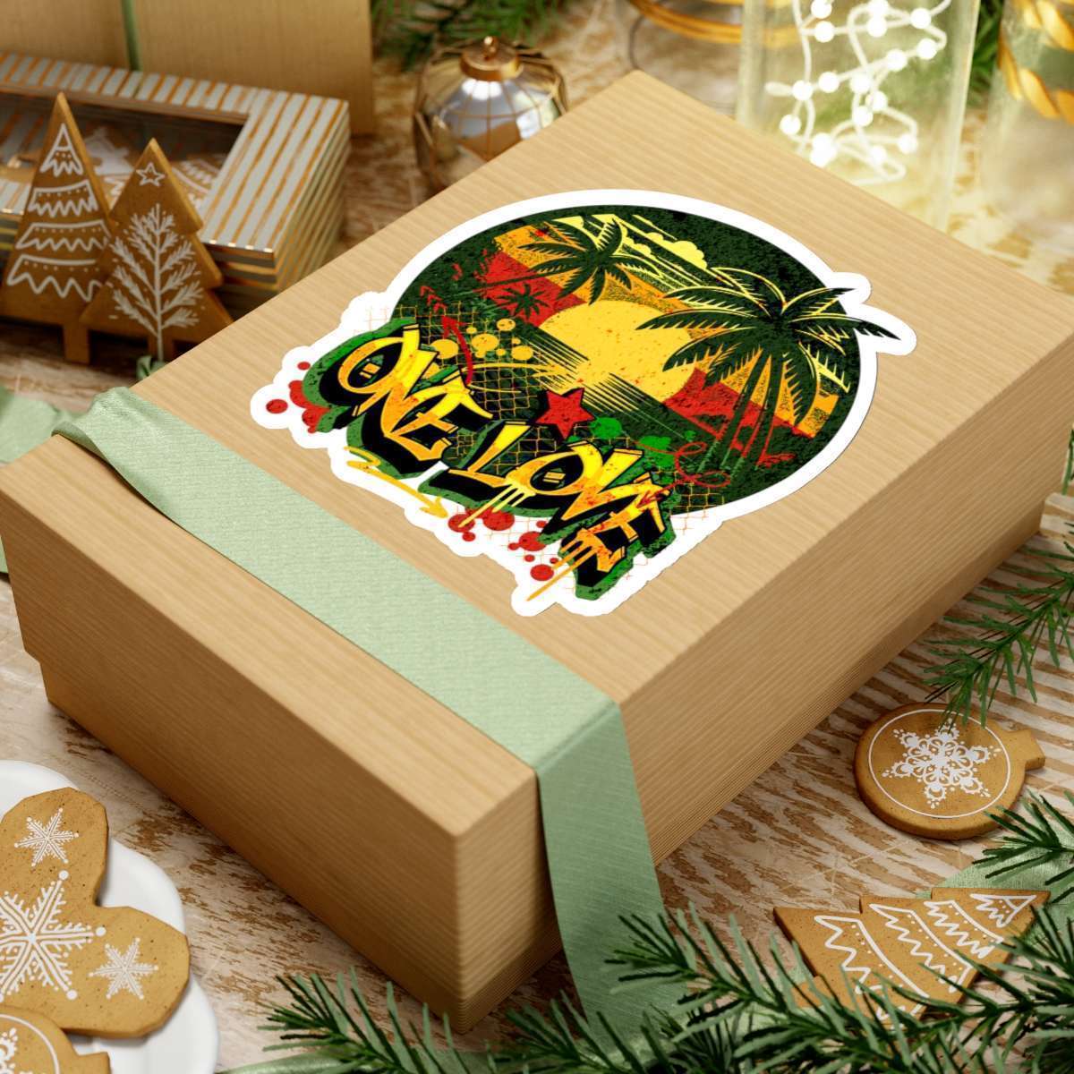 Rasta one love stickers white background 6in x 6in on box different sizes kiss cut transparent background. Reggae Rastafarian colors and Jamaican tropical design and graffiti.