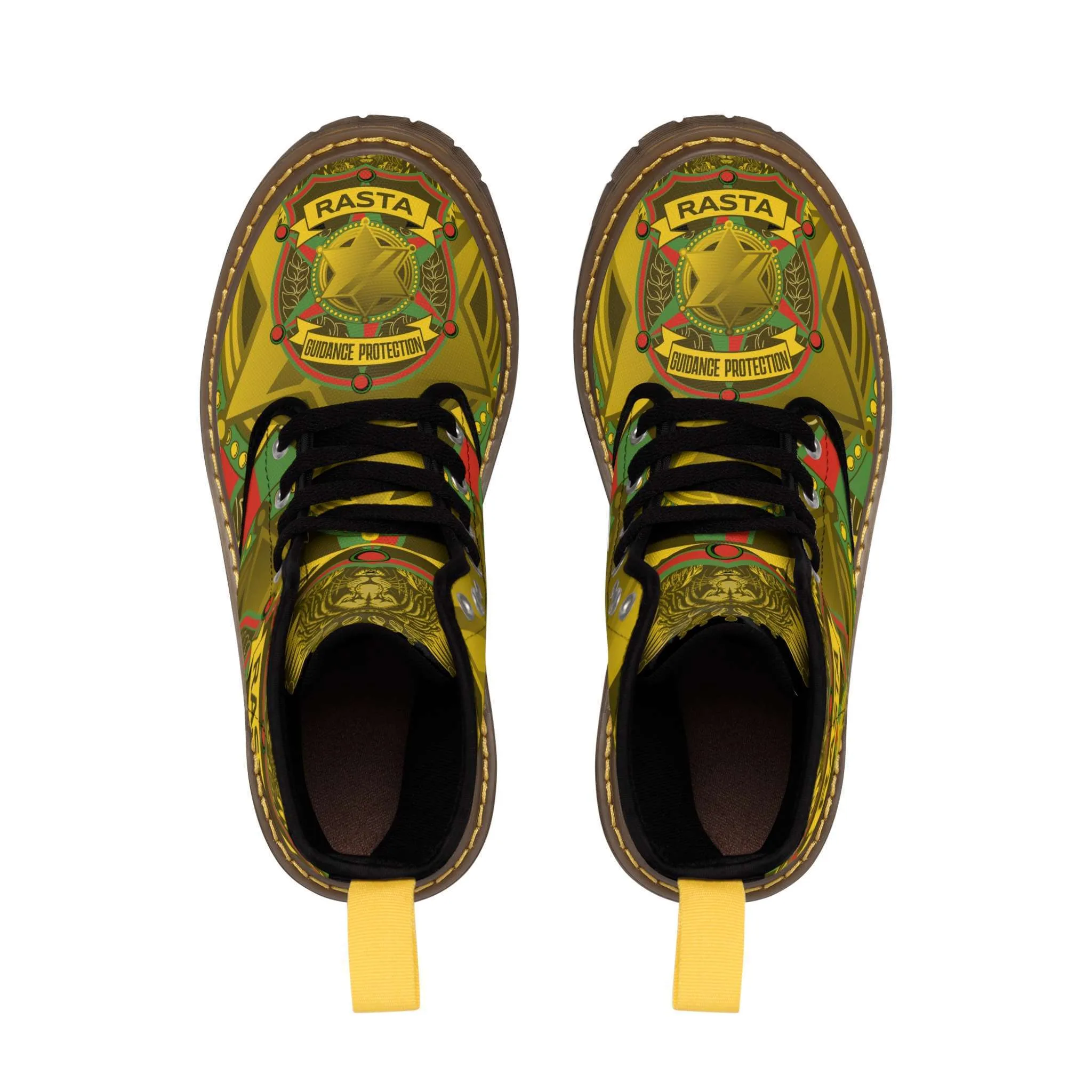 Soldiers of Jah Army Boots brown sole top view. Guidance Protection Rasta Design with either a brown or balck sole. Rastaseed merchandise and clothing.