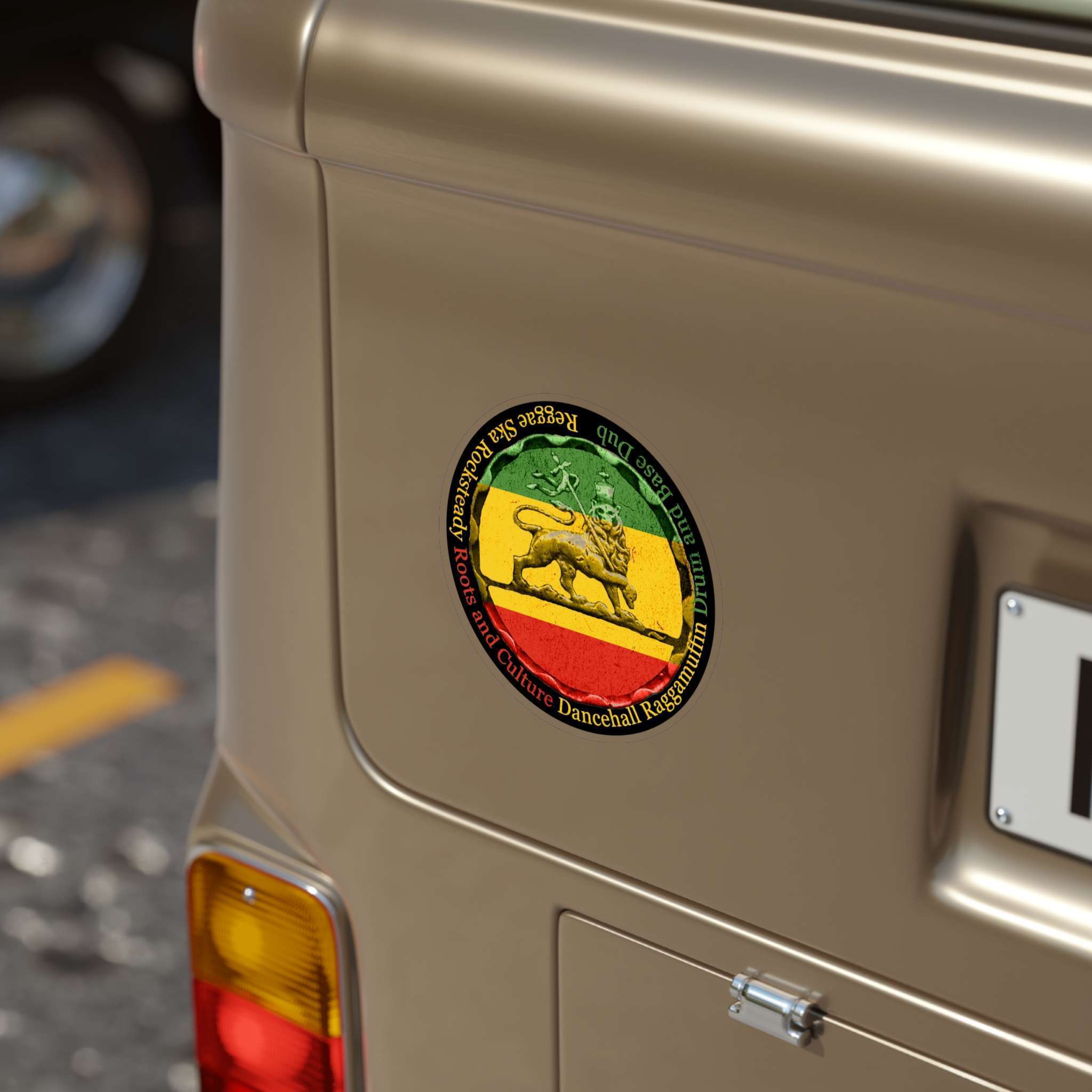 Reggae sticker Rasta colors, Lion of Judah and Reggae music genres 6in x 6in car. Durable outdoor sticker for inside or outside. Great car sticker.