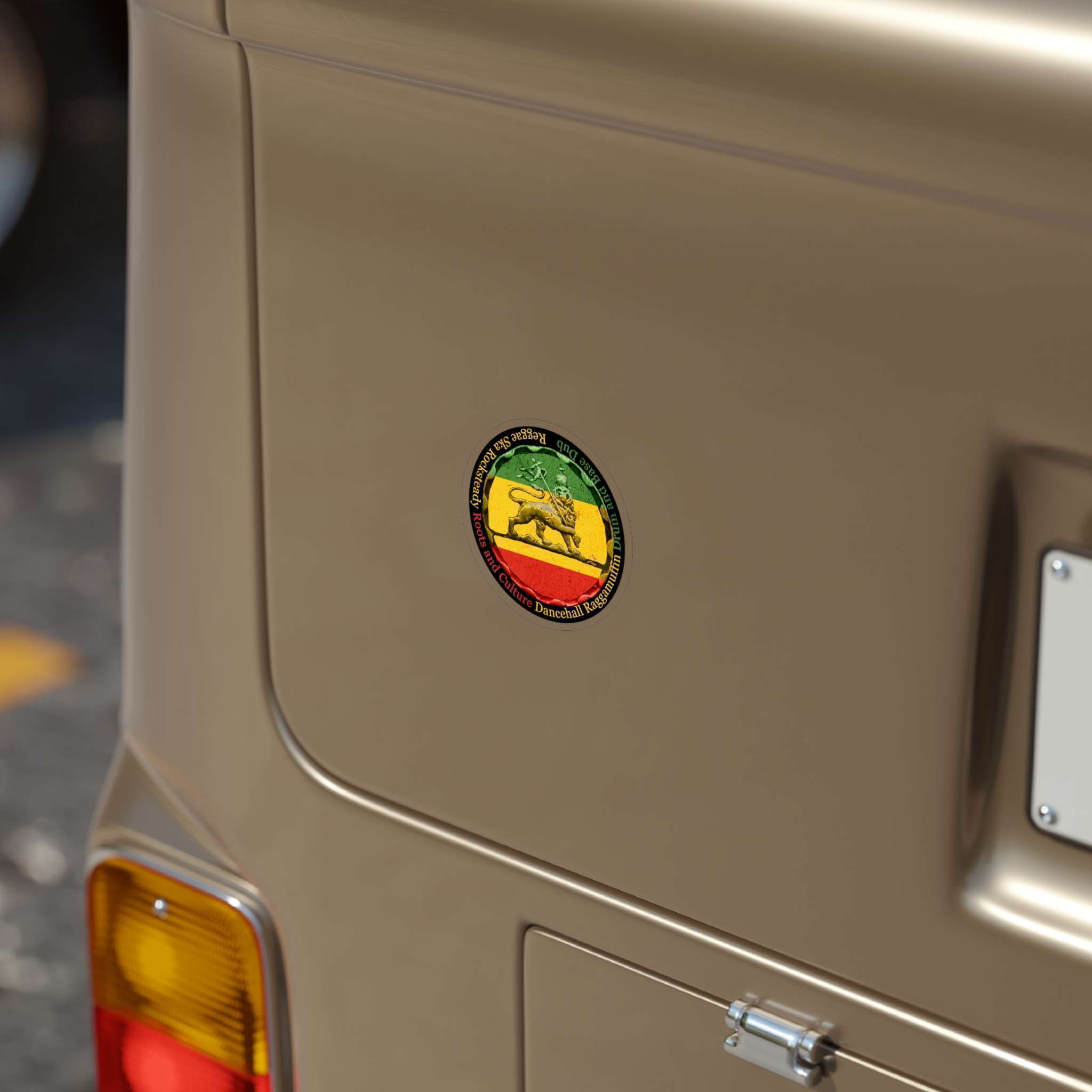 Reggae sticker Rasta colors, Lion of Judah and Reggae music genres 3in x 3in car. Durable outdoor sticker for inside or outside. Great car sticker.