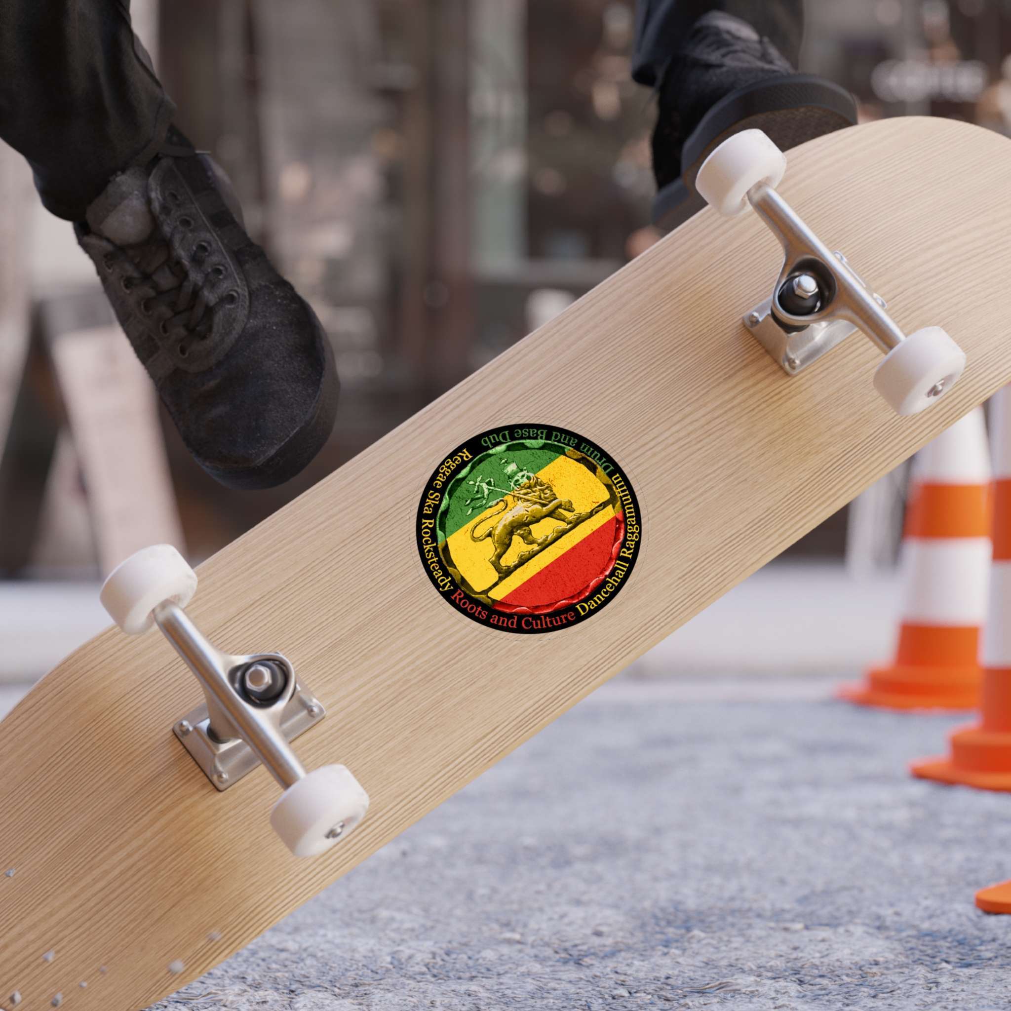 Reggae sticker Rasta colors, Lion of Judah and Reggae music genres 5in x 5in skateboard. Durable outdoor sticker for inside or outside. Great car sticker.