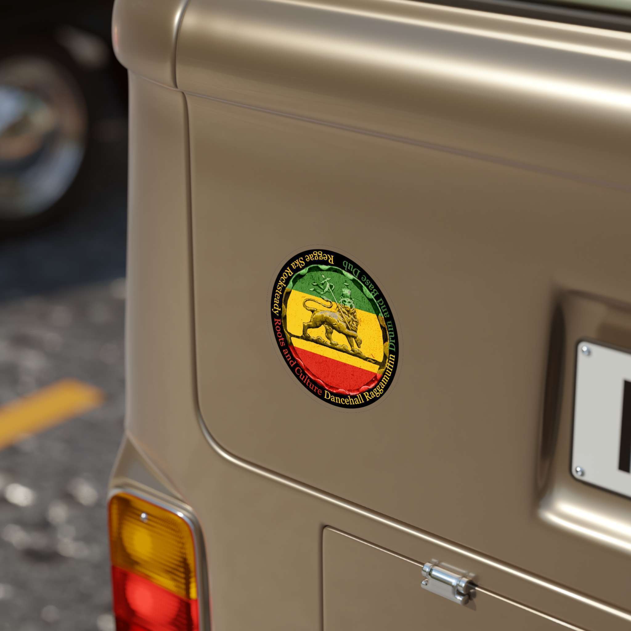 Reggae sticker Rasta colors, Lion of Judah and Reggae music genres 5in x 5in car. Durable outdoor sticker for inside or outside. Great car sticker.