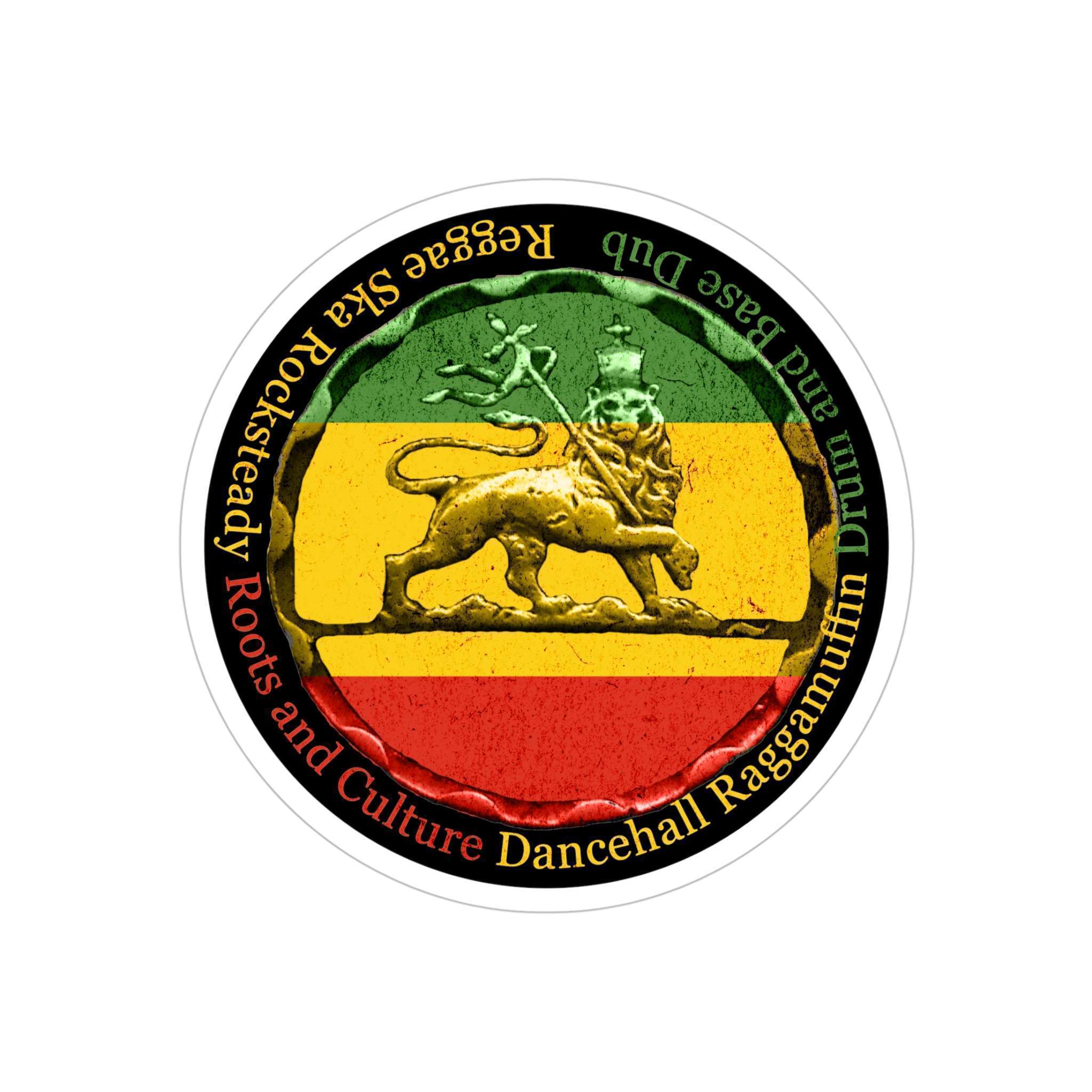 Reggae sticker Rasta colors, Lion of Judah and Reggae music genres 5in x 5in car. Durable outdoor sticker for inside or outside. Great car sticker.