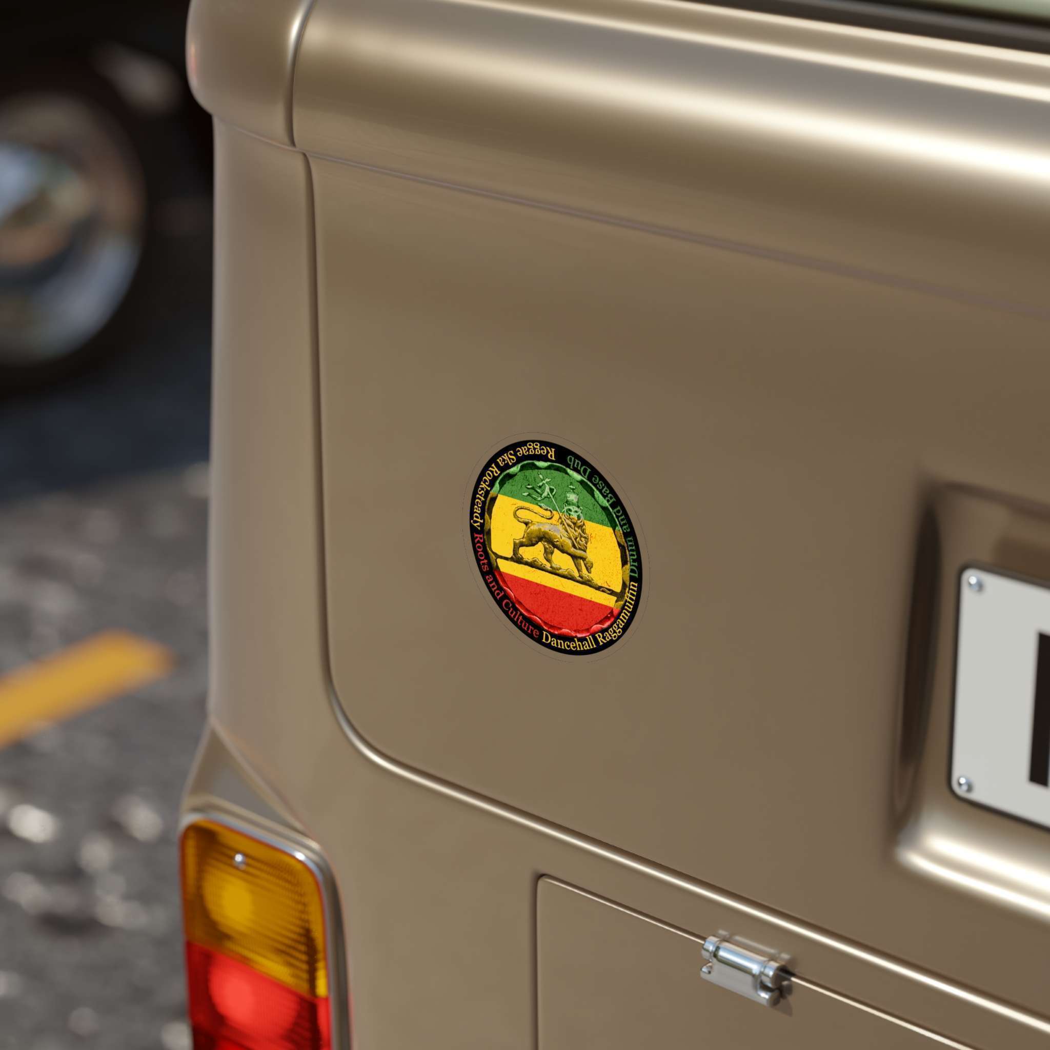 Reggae sticker Rasta colors, Lion of Judah and Reggae music genres 4in x 4in car. Durable outdoor sticker for inside or outside. Great car sticker.