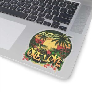Rasta one love stickers transparent background 5in x 5in on computer different sizes kiss cut transparent background. Reggae Rastafarian colors and Jamaican tropical design and graffiti.