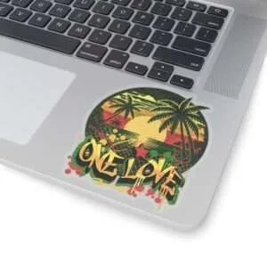 Rasta one love stickers transparent background 5in x 5in on computer different sizes kiss cut transparent background. Reggae Rastafarian colors and Jamaican tropical design and graffiti.